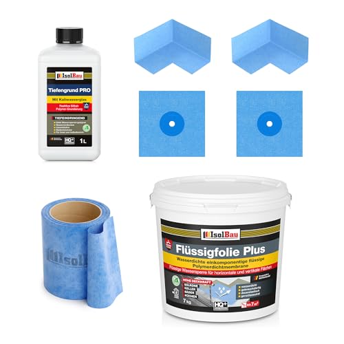 Isolbau Dichtset - Inkl. 1x Flüssigfolie PLUS (7 kg), 1x Tiefengrund PRO (1L), 1x Dichtband (5 m), 2x Innenecken & 2x Manschetten
