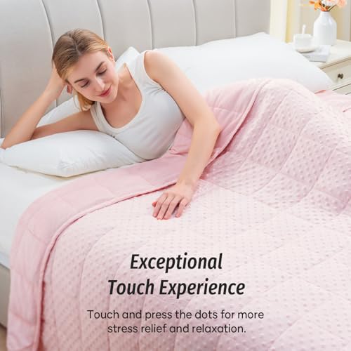 Image of Wemore Minky Dot Weighted Blanket for Adults Queen Size 15 lbs, Soft Cozy Heavy Blanket for Stress Relief and Sleep Promotion, Breathable Blanket for All-Season with Glass Beads, Pink 60 x 80 inches
