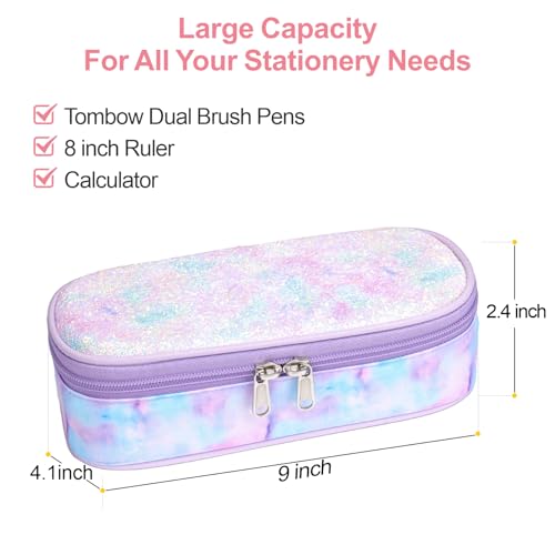 Image of Bagseri Pencil Case for Girls - Cute Pencil Case for Kids Large Capacity Pencil Pouch for School, Multifunction Pencil Bag with Compartments for Girls Kids Teen, Pen Case Only (Glitter Purple Tie-dye)