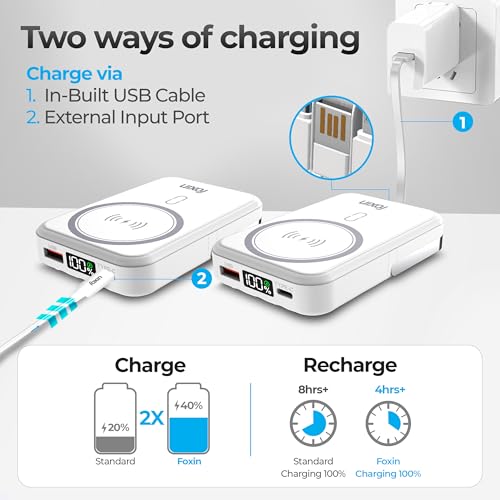 Image of Foxin All-in-One Mag Pro 10000mAh Magnetic Wireless Power Bank | 22.5W Fast Charging, MagSafe & Wireless Charging for Android & iPhone 12 & Above | Built-in Cables | Stand | BIS Certified | White
