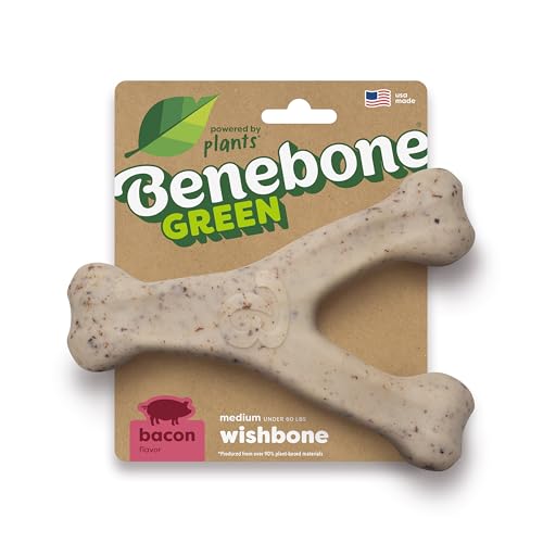 Dog Bones for Modest Chewers: Benebone Green Plant-Based Real Bacon Wishbone Dog Chew Toy for Medium Dogs Made in USA