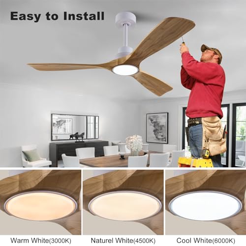 Image of QUTWOB 52 inch Wood Ceiling Fan with Light, Reversible DC Motor, Remote Control | solid wood blades, quiet 6-speed reversible dc motor, remote with memory, 3-color led, for indoor outdoor patio bedroom