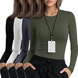 Xaatren 4 Pack Women's Underscrub Shirts Nurse Undershirts Long Sleeve Crewneck Slim Fit Tops Soft Stretchy Basic Tee(Black, White, Dark Gray, Army Green,X-Small)