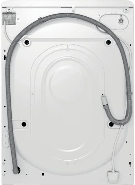 Zadní view of the Indesit washing machine showing water inlet and drain hoses.