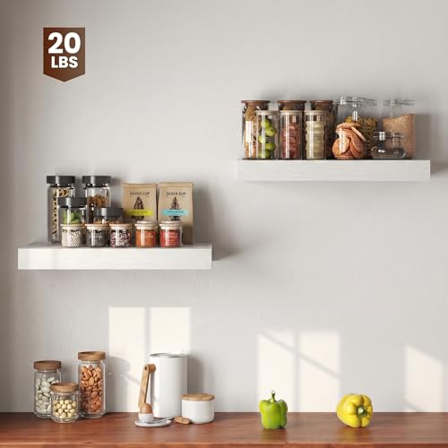 Image of Dreamland 20 inch Floating Shelves for Wall, 12 inch Deep Thicker White Floating Shelves, Wall-Mounted Shelves for Bedroom, Living Room, Kitchen, Bathroom - Set of 2