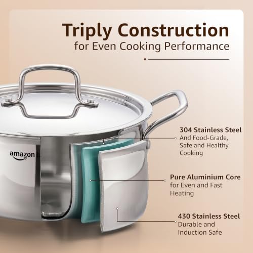 Image of Amazon Basics Triply Stainless Steel Cookware Set 7 Pcs - Deep Kadai(3.4L), Saucepan(1.7L), Casserole(1.8L), Frypan(1.2L) | With 3 Stainless Steel Lids | Dishwasher Safe | Induction and Gas Compatible