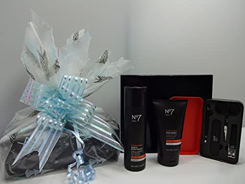 Glory Cosmetics No7 Men's Luxury Gift Set, No7 Men Enegising Hair & Body Wash , No7 Men Energising Face Wash, No7 Grooming Kit, Gift Box Hamper