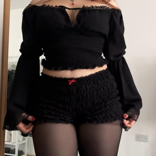 Image of Yuemengxuan Women Y2k Ruffle Shorts Ruched Plaid Shorts Micro Shorts Pajama Bottoms Y2k Cute Fairy Lace Edge Pettipants