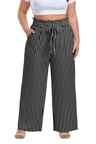 Image of OLRIK Women's Plus Size Pants Adjustable High Waisted Wide Leg Palazzo Pants Casual Trousers with Pockets Spring Clothes