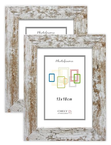 CHELY INTERMARKET MOD204 Marco Fotos Decorativo Estilo Clásico Vintage 13x18cm Pack2Uds Madera MDF con Cristal Real Diseño Montaje Vertical Horizontal Ideal Diplomas Certificados Fotografías