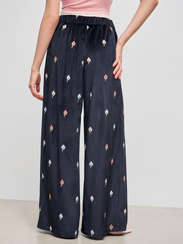 CIDER Corduroy Pants Women Floral Embroidery Mid Waist Wide Leg Trousers Long Casual Pants with Pockets3