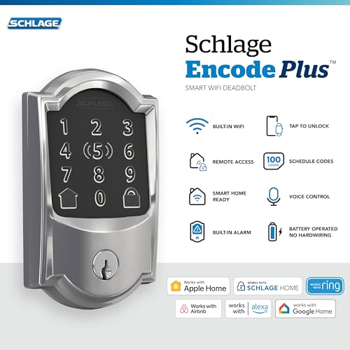 Image of Schlage Encode Plus Smart Wi-Fi Lock for Front Door, Keyless Entry Deadbolt, Unlock with Apple Watch, Built-in WiFi and App Control, Easy Install, Alexa & Apple HomeKit Compatible, Bright Chrome