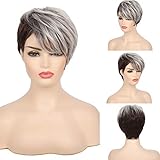 Swiking Brown Mix White Short Womens Wig with Bangs Fluffy Replacement Hair Synthetic Wigs for Women Natural Looking Heat Resistant Wigs with Wig Cap