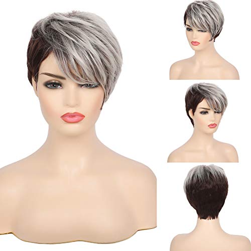 Swiking Brown Mix Grey Short Womens Wig with Bangs Fluffy Replacement Hair Synthetic Wigs for Women Natural Looking Heat Resistant Wigs with Wig Cap