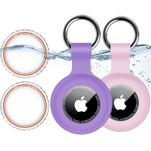 Image of 1|2|4Pack for Apple AirTag Holder,for Air Tag 2nd &1st Genaretion,Waterproof GPS Tracker Air Tag Keychain with Cover Anti-Scratch Silicone for Air-Tag Case for Pets,Kids,Bags,Luggages-Pink+Purple