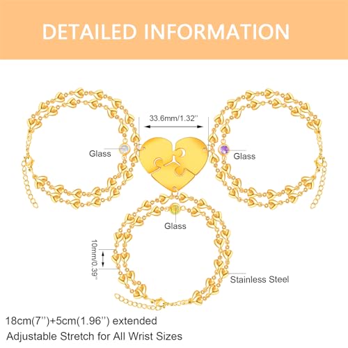 Image of 3PCS Love Heart Chain Bracelet Set for Women Graduation Gift Heart Puzzle Friendship Bracelet Personalized Name 3 Bracelets Customized Best Friends Family Love Jewelry SA4886