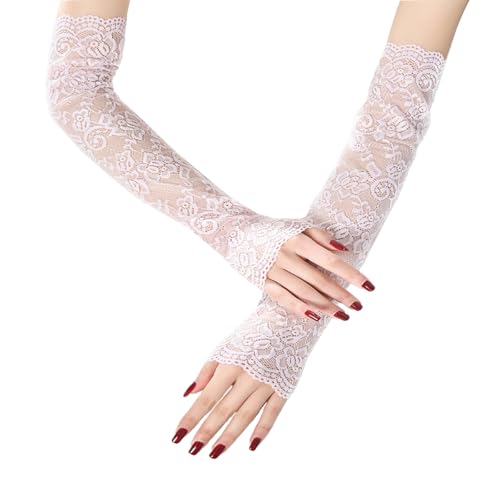 Lace Arm Sleeves For Women, Long Lace Fingerless Gloves, Elegant Tea Party Gloves for Dress Cocktail Opera Parties (White)