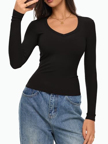 REORIA Womens Long Sleeve Shirts 2025 Fall Trendy Deep V Neck Slim Fit Basic Tops Casual Going Out Top Tee Blouse3