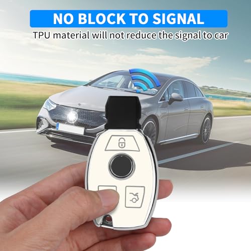 Image of QBUC for Mercedes Benz Key Fob Cover with Keychain (White) | for Mercedes Benz Key Case compatible with Benz CLS CLK AMG CLK GLC GLE GLS ML SL SLK A C E R S G