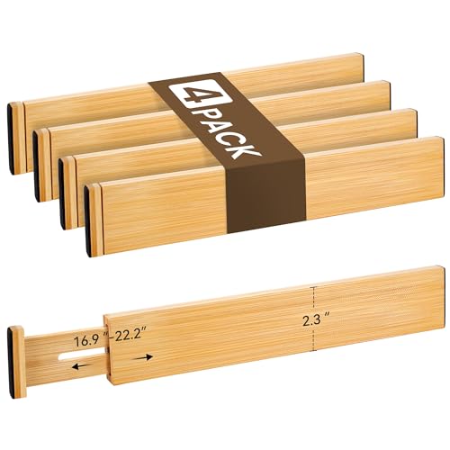 Bamboo Drawer Divider Set of 4, Adjustable Spring-Loaded Drawer Organizer (16.9'-22.2'), 2.3' Height, Suitable for Kitchen, Desk, Bathroom, Clothing, and Miscellaneous Drawer Organization, Natural