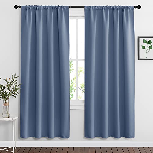 RYB HOME Bedroom Blackout Curtains - Room Darkening Noise Reducing Curtains & Drapes Solid Durable Privacy Window Treatment for Studio Living Room Playroom, W42 x L72 inch, Stone Blue, 1 Pair