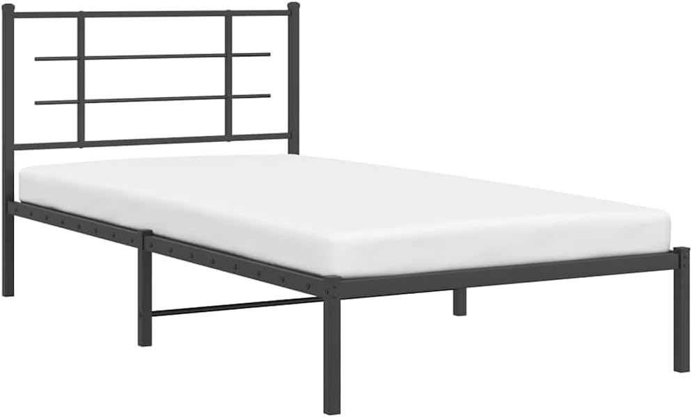 Bed Frame Black Powder-Coated Steel Twin Size Platform Bed Frame with Headboard and Storage Space Modern Minimalist Sturdy Durable Furniture for Bedroom Mattress Support