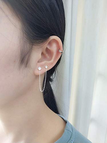 4 Prong Cz Round Stud With Chain Cuff S925 Sterling Silver Earrings For Women Girls Cartilage Double Piercing Holes Fashion Chic Minimalist Climber Crawler Threader Hypoallergenic Gifts (Silver) #TOP5