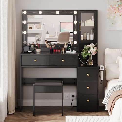 Makeup Vanity with Lights & Charging Station, Black Vanity Table with 5 Drawers & Open Storage Shelves, Vanity Desk with Mirror & Lights, Dressing Table Set, Bedroom Makeup Table Set Black Handle