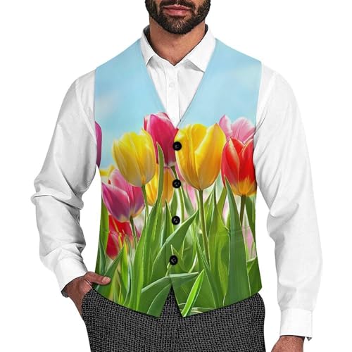 Colorful Tulip-floral Suit Vest for Men Waistcoat Dressy V Neck Button Down Sleeveless Business Jacket Coat