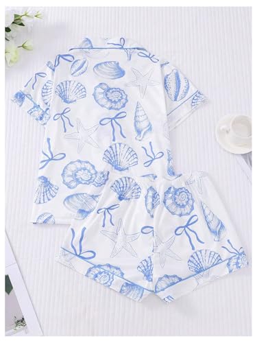 Women's 2 Piece Pajama Sets Shell Print Short Sleeve Sleepwear Button Down Shirt and Bow Shorts Loungewear Pj Sets2