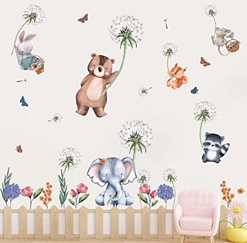 ANHUIB Stickers Muraux Animaux,Autocollant Muraux Pissenlits,Sticker Mural de Chambre D'enfant/Bébé,Autocollants Mural Fleurs et Feuilles Vertes,Sticker Muraux Lapin éléphant pour Chambre Filles Decor Cover