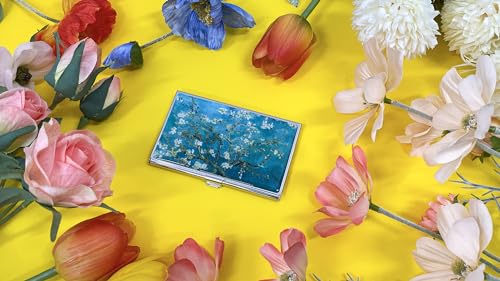 Image of Mother of Pearl Business Card Case Credit Id Name Holder Travel Wallet Art Painting Design Metal Stainless Steel Engraved Slim Purse Pocket Cash Money Wallet (Almond Blossom)