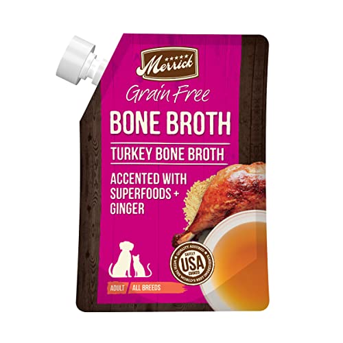 Merrick Grain Free Bone Broth, Premium Human Grade And Gluten Free Dog And Cat Food Topper Pouches, Turkey - 16 oz. Pouch