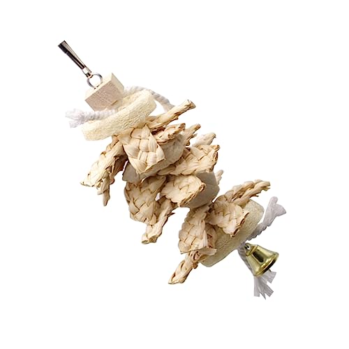Mikikit Parrot Swing Molar Loofah Knitting Straw Bell Pendant for Cage Garden for Chewing Climbing Engaging Bird Accessories Beige