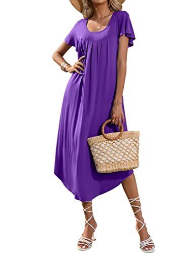 Ekouaer Long Nightgown Soft Short Sleeve Nightshirt For Women Loose Sleepwear Irregular Hem With Pockets Purple L #TOP13