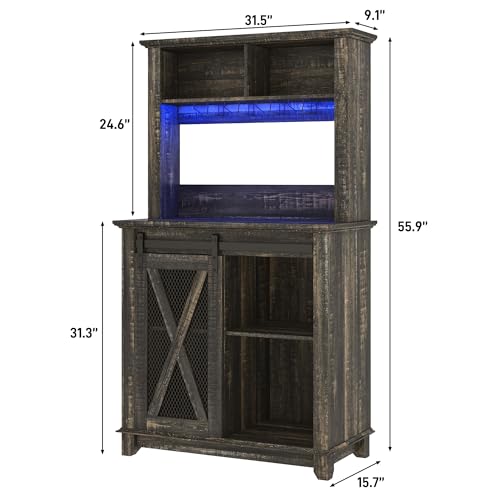 Image of 31.5 inch Wide Farmhouse Coffee Bar Cabinet with LED Light,Wine Bar Cabinet w /2 Storage Hutch,Kitchen Buffet Cabinet w /Sliding Barn Door & Wine and Glass Racks for Kitchen Dining Room(Dark Rustic Oak)