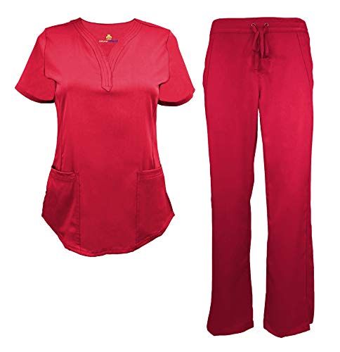 ACTIVE UNIFORMS Women's Scrub Set Stretch and Ultra Soft Y-Neck Medical Scrub Top and Pants (Red, Medium)
