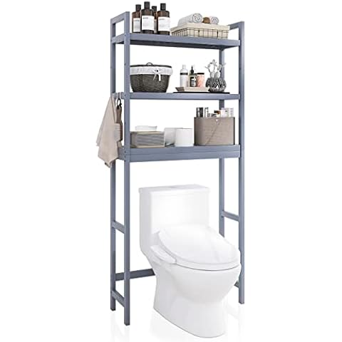 SMIBUY Bathroom Storage Shelf, Bamboo Over-The-Toilet Organizer Rack, Freestanding Toilet Space Saver with 3-Tier Adjustable Shelves (Grey) Cover