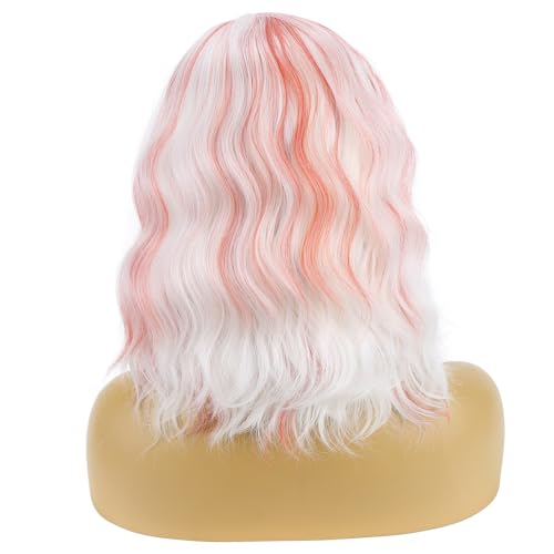 Image of BERON White and Red Short Curly Wave Wigs for Women Girls White Highlights Red Wavy Heat Resistant Synthetic Wig Cosplay Costume Party or Daily Wigs