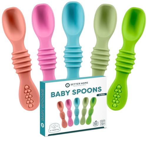 Image of Soft Silicone Baby Spoons, Self-Feeding Spoons for Babies 6-12 Months - First Stage Infant Feeding Spoons for Boys & Girls, Dishwasher-Safe Soft Tip, Ergonomic Training Spoons, BPA Free, Great Gift