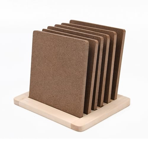 Image of IVEI MDF DIY Coasters with Holder Stand - MDF Plain Wooden Coasters & Holder Blank Cutouts for Painting, Sheet Craft, Decoupage, Resin Art Work & Decoration (Square with Wooden Holder)