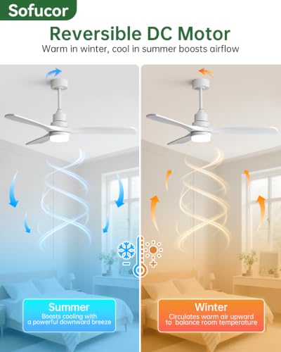 Image of Sofucor 52 Inch Smart Ceiling Fans with Lights, Modern 3 Wood Blade, White