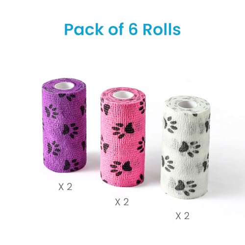 Image of WePet Pet Wrap, Self-Adhesive, Only Sticks to Itself, Non-Woven Tape for Dog Legs, Paws, Wounds, First Aid Cohesive Gauze for Horse, Cat, Bird, Animal, 6 Rolls, 4 Inch, Pawprints B