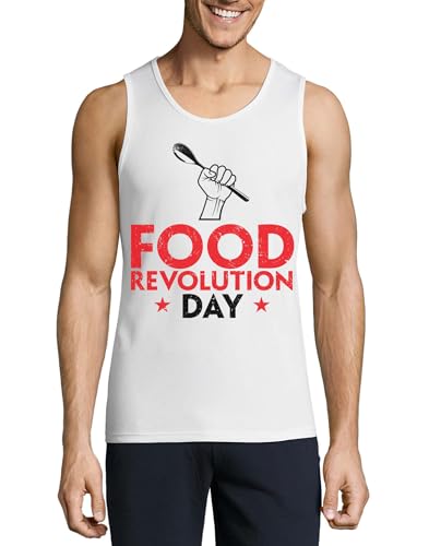 Camiseta sin mangas blanca Food Revolution para hombre en algodón suave con estampado de puño