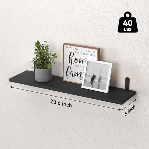 Image of WOPITUES 24'' Long Floating Shelves for Wall Decor & Storage, Black | Wood Farmhouse Book Shelves for Bedroom, Bathroom, Living Room, Kitchen, Office, Laundry Room, Study Room Display, 6Pcs