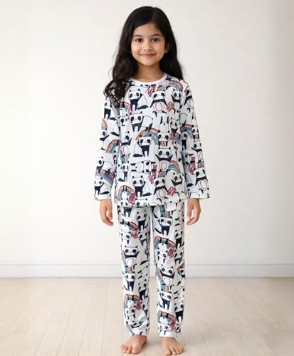 Image of Anthrilo Pajama T-Shirt Set for Girls | Kids Night Suit for Girls | Nightwear | 100% Cotton Pyjama Set Panda Print White | Long Sleeve T-Shirt and Pajama | 3-4 Years
