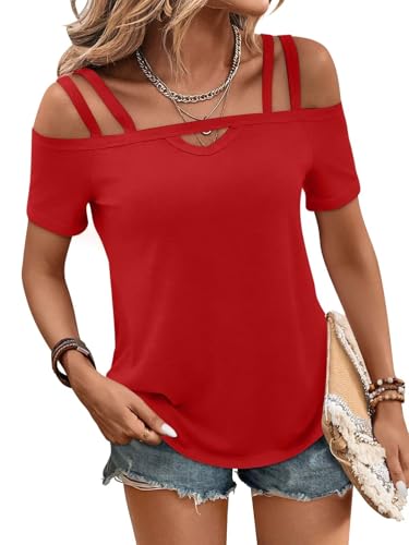 Image of Bliwov Womens Cold Shoulder Tops Short Sleeve Cute Sexy Summer Spring Beach Vacation T Shirts Fashion Outfits Basic Clothes