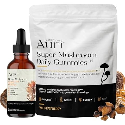Auri Energy & Immune Boost Pack Super Mushroom Daily Gummies Cordyceps Elixir Bundle - Daily Wellness for Focus, Stamina, and Longevity - 60 Gummies + 60ml Tincture Cover