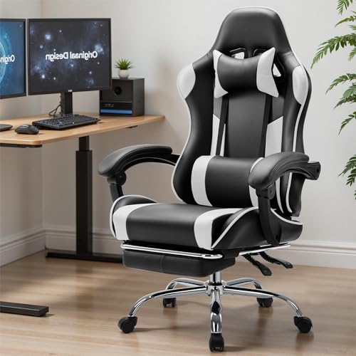 Sweetcrispy Computer Video Game Desk Chair - Ergonomic Comfy Lumbar Support with Footrest, PU Leather Recliner with Headrest, Fixed Up Armrest, Height Adjustable and 360° Swivel, for Adults, White