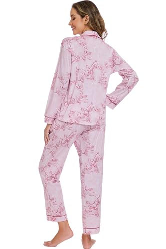 Image of LUBOT 100% Cotton Pajamas for Women Pajama Set 2 Piece PJ Sleepwear Set Soft Ladies Button Knit Long Sleeve Loungewear XS-XXL